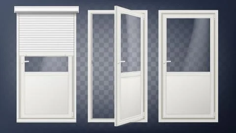 Plastic Glass Door Vector. White Roller Shutter. Opened And Closed. Roll Up Stock-Illustration