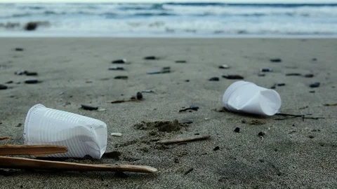 Plastic glasses trash on sandy sea shore waves motion,polluted nature,cilento Stock Footage 125468627