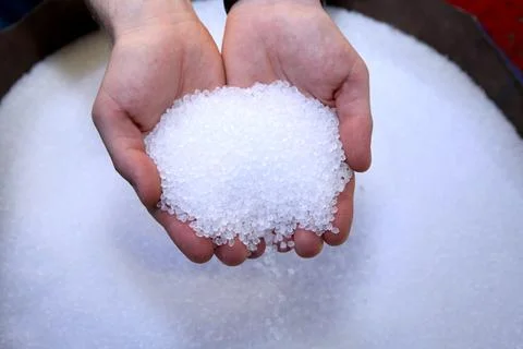 Plastic granules in human hands. Quality checking. Stock Photos