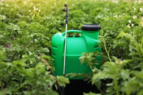 Plastic green backpack container sprayer with liquid of pesticide, herbicide Stock Photos