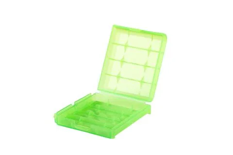Plastic green battery boxes for storage isolated on white Stock Photos