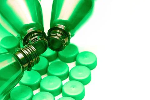 Plastic green bottles with corks for beer, kvass, lemonade, ale, malt Stock Photos