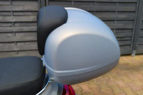 Plastic grey motorcycle top case in rear scooter gray motorbike spacious tr.. Stock-Fotos