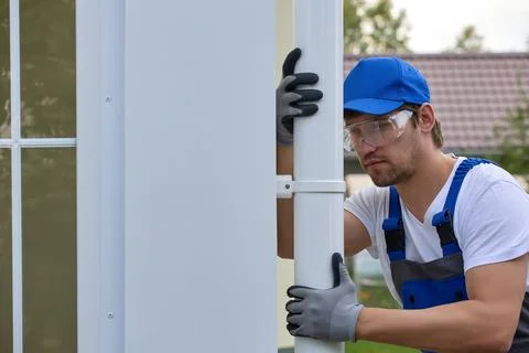 Plastic gutter installation contractor during installation Foto stock