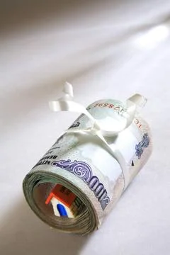 Plastic home model inside bundle of hundred rupees notes on white backgrou... Foto stock