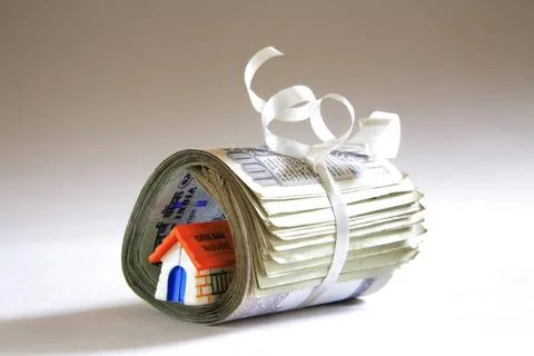 Plastic home model inside bundle of hundred rupees notes on white backgrou... Foto stock