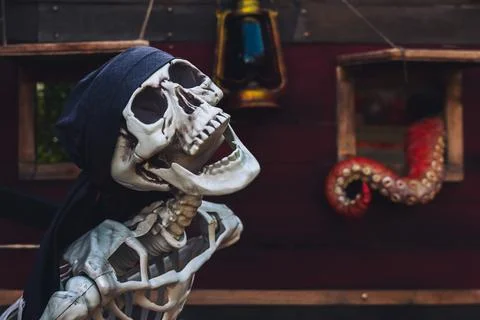 Plastic human skeleton prop wearing black bandanna against dark vintage woo.. Stock Photos