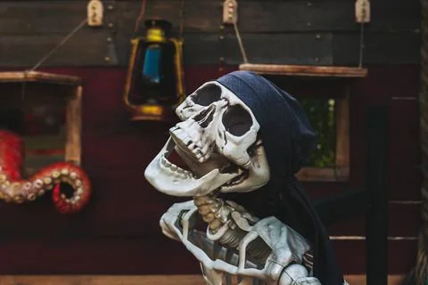 Plastic human skeleton prop wearing black bandanna against dark vintage woo.. Stock Photos