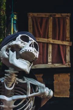Plastic human skeleton prop wearing black bandanna against dark vintage woo.. Stock Photos