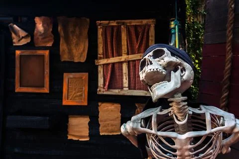 Plastic human skeleton prop wearing black bandanna against dark vintage woo.. Stock Photos