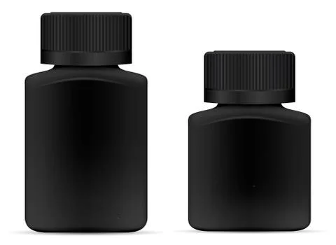 Plastic jar for pill. Wide square black blank Stock Illustration