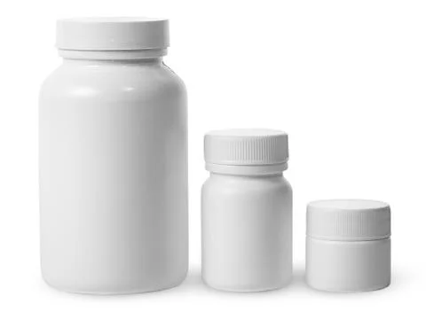 Plastic jars of different sizes for medicines Stock Photos