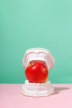 Plastic jaws hold red apple in teeth. Dental health and dentistry concept Foto stock