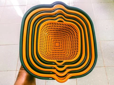 Plastic kitchen sink and strainer set Stock Photos