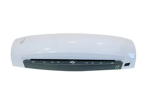 The plastic lamination machine spoils the document, isolated on white backgro 库存照片