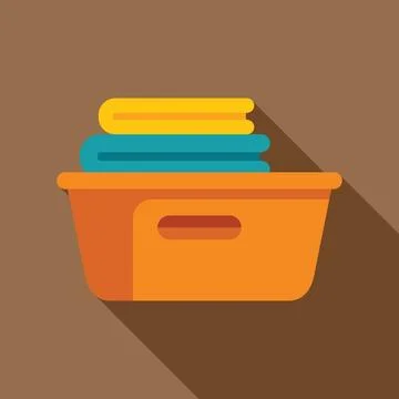 Plastic laundry basket full of clean clothes on brown background Stock Illustration