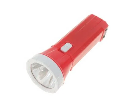 Plastic LED flashlight in red color. Portable flashlight isolate on a white b Stock Photos