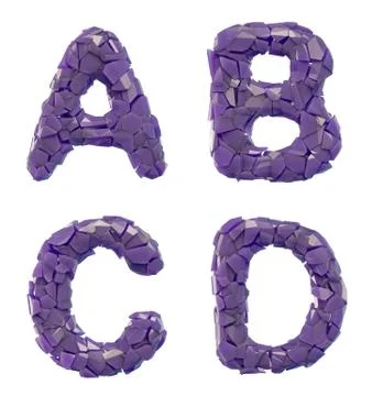 Plastic letters set A, B, C, D made of 3d render plastic shards purple color. Stock Illustration