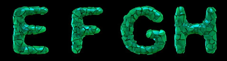 Plastic letters set E, F, G, H made of 3d render plastic shards green color. Stock Illustration