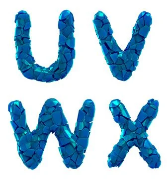 Plastic letters set U, V, W, X made of 3d render plastic shards blue color. Stock Illustration