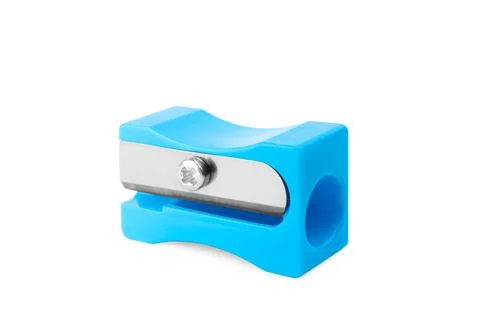 Plastic light blue pencil sharpener isolated on white Stock-Fotos