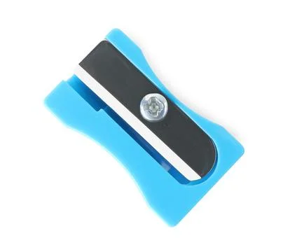 Plastic light blue pencil sharpener isolated on white, top view Stock-Fotos