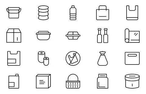Plastic line Icon Set. contains such icon as Package, Recycle, water bottle.. Stock Illustration