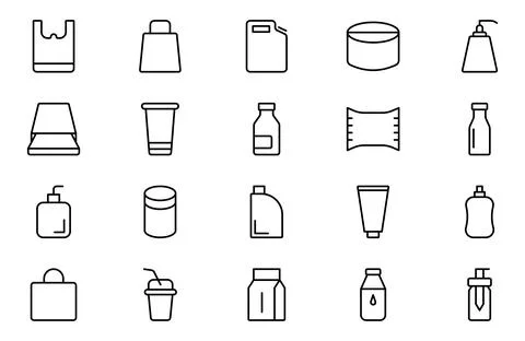 Plastic line Icon Set. contains such icon as Package, Recycle, water bottle.. Stock Illustration