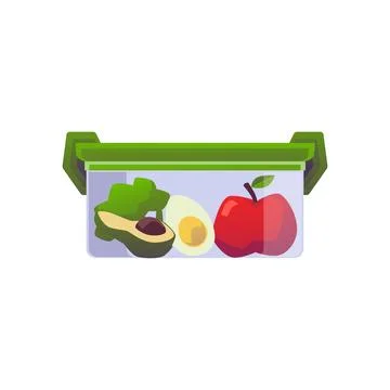 Plastic lunch box with avocado, egg, broccoli and apple inside, flat vector イラスト素材