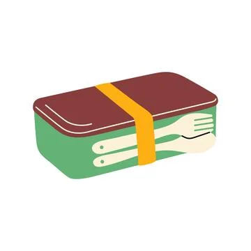 Plastic lunch box with fork and spoon vector hand drawn illustration Stockillustratie
