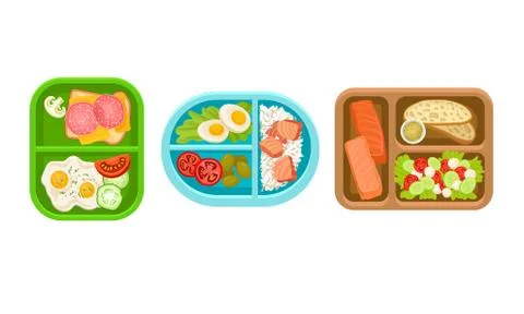Plastic Lunch Boxes or Trays with Food in Different Sections Vector Set Stock Illustration
