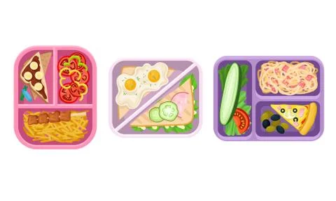 Plastic Lunch Boxes or Trays with Food in Different Sections Top View Vector Set Stock Illustration