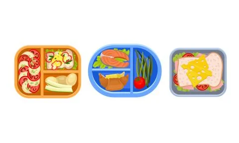 Plastic Lunch Boxes or Trays with Food in Different Sections Vector Set Stock Illustration
