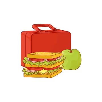Plastic lunchbox with sandwich and apple for school or work break isolated on Illustrazione stock