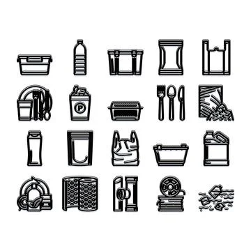 Plastic material waste, recycling, and environmental pollution icons Stock Illustration