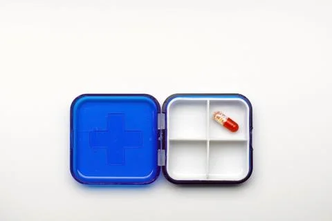 Plastic medicine diary empty, pill box top view Foto stock