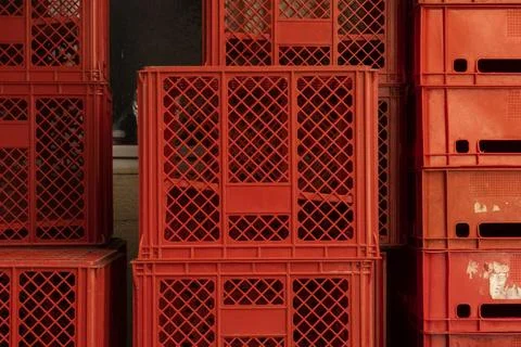 Plastic mesh box for vegetables and fruits. Plastic boxes for transporting 스톡 사진