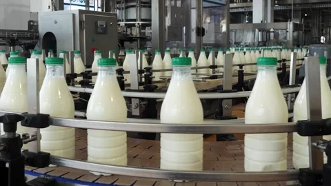 Plastic milk bottles are moving along the conveyor at the dairy plant. close-up Stock Footage 241009182