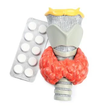 Plastic model of afflicted thyroid and pills on white background, top view Stockfoto's