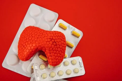 Plastic model of healthy thyroid and pills on red background close-up Stock Photos