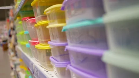 Plastic multicolored microwave containers Stock Footage 144266981