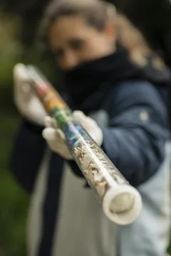 Plastic objects collected on beach Stock Photos