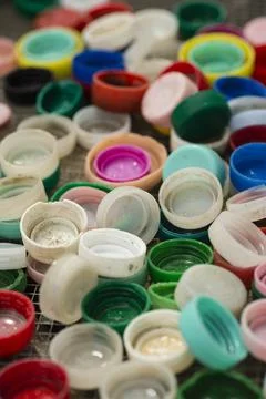 Plastic objects collected on beach Stock Photos