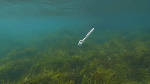 Plastic in the ocean, sea Fork Cutlery 스톡 동영상 102080159