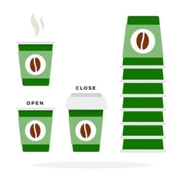 Plastic open and close coffee cups in green color vector flat isolated Stock Illustration