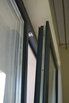 Plastic opened panoramic window in room at apartment, selective focus, shal.. Foto stock