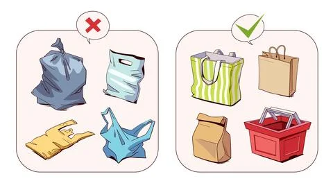 Plastic or eco bag. Various shopping bags. Right and wrong choices for shop.. Stock Illustration