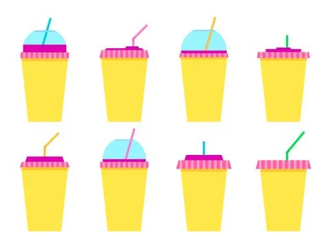 Plastic or paper cups with a straw set of icons isolated on a white backgro.. Stock Illustration