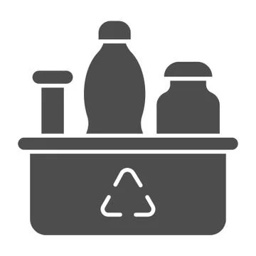 Plastic pack solid icon. Sorted recyclable bottles and flask in container. Zero イラスト素材