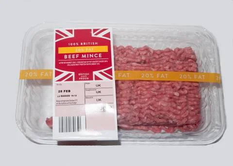 Plastic packaged beef mince uk close up object food white background Stock Photos